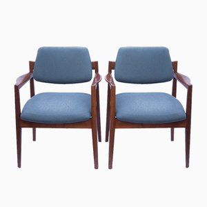 Set of Armchairs in Walnut and Upholstered in Blue Fabric attributed to Jens Risom for Knoll, 1960s