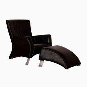 322 Armchair with Stool in Black Leather by Rolf Benz, Set of 2