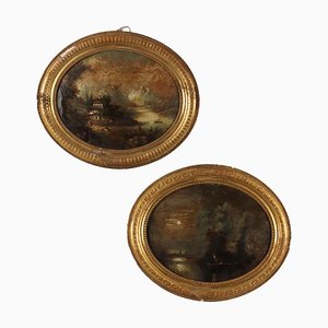 Landscapes and Figures, Oval Paintings on Glass, Framed, Set of 2