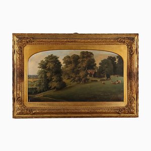 English School Artist, Landscape with Buildings and Animals, 1890s-1900s, Oil on Canvas, Framed
