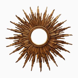 Large Sunburst Wall Mirror in Gold-Plated Wood, 1930s