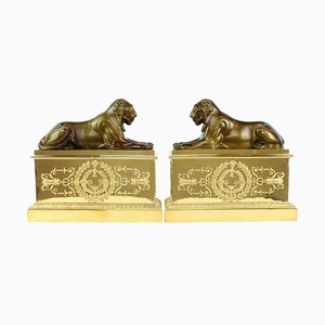 Französische Empire Chenets mit Löwenfiguren, 1800er, 2er Set