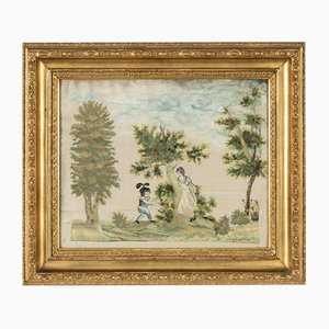 19th Century Swedish Silk Artwork with Child Berry Picking