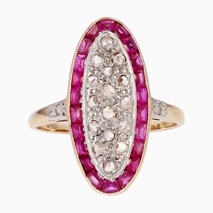 Ruby Diamonds 18 Karat Yellow Gold Platinum Shuttle Shape Ring, 1920s