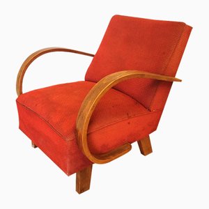Vintage Reading Lounge Chair with Wooden Base and Red Fabric, 1970s