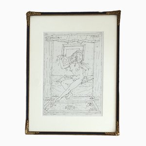 Emile-François Chambon, Jeune femme nue à la flûte, 1991, Ink & Pencil on Paper, Incorniciato