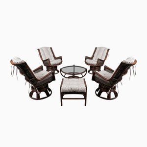 Fauteuils Rotatifs et Inclinables en Rotin, Tabouret & Table Basse, Italie, 1960s, Set de 6