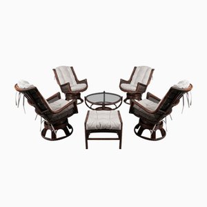 Rattan Rotating and Tiltable Armchairs, Stool & Coffee Table, Italy, 1960s, Set of 6