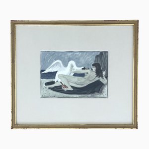 Emile-François Chambon, Léda et le cygne, 1966, Watercolor on Paper, Framed