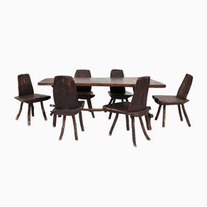 Brutalism Swiss Wood Table and Chairs, Swiss Alps, Set of 7
