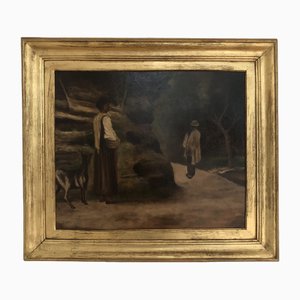 Lorenzo Viani, Deux personnes sur un chemin, Oil on Cardboard, Framed