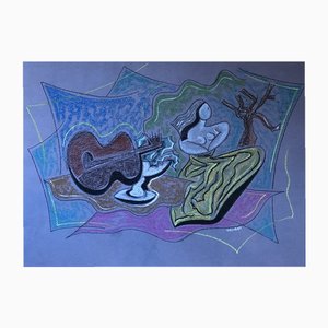 Pippo Oriani, Nature morte à la guitare et statue, Pastel sobre papel, Enmarcado