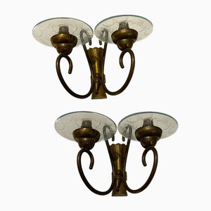 Etched Glass and Bronze Sconces by Pietro Chiesa, 1950s, Set of 2