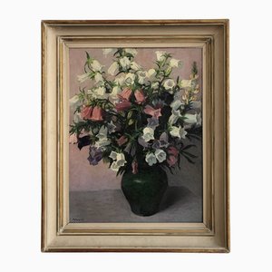 Pierre Jaques, Bouquet de fleurs dans un joli vase vert, Huile sur toile, Encadré