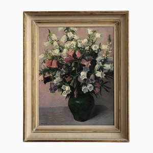 Pierre Jaques, Bouquet de fleurs dans un joli vase vert, Oleo sobre lienzo, Enmarcado