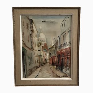 Luigi Corbellini, Rue Norvin vue sur la Basilique du Sacré Coeur, Montmartre, Acquarello su carta, Con cornice