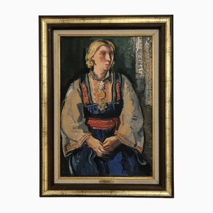 Adrien Holy, Jeune femme en costume Suisse, Olio su tela, Con cornice