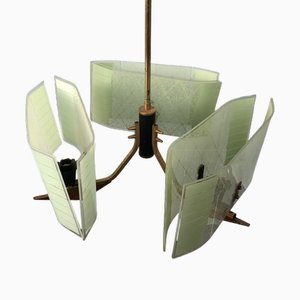 Vintage Glass and Teak Chandelier, Italy, 1950s