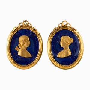 Amor and Psyche, 1780, Bronze Reliefs on Lapis Lazuli, Framed, Set of 2