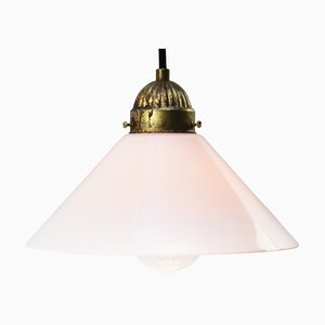Mid-Century French Opaline Glass & Brass Ceiling Lamp