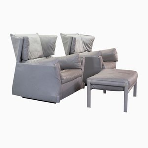 Viola D'Amore Lounge Chairs with Ottoman in Grey Leather by Piero De Martini for Cassini, Italy, 1977, Set of 3