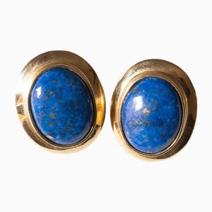 Vintage 18k Yellow Gold Lapis Lazuli Earrings, 1960s, Set of 2
