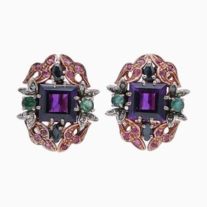 Amethysts, Rubies, Emeralds, Sapphires, Diamonds, Rose Gold and Silver Earrings, 1960s, Set of 2