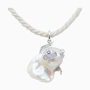 Baroque Pearl, Diamonds and 14 Karat White Gold Fish Pendant Necklace, 1960s