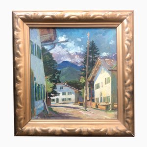 W. Scherer, Paisaje de montaña, óleo sobre cartón, enmarcado