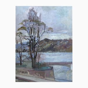 Helène Hantz, L'Ile Rousseau, Pont du Mont-Blanc et lac à Genève, Oil on canvas