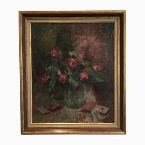 Henri Fehr, Nature morte au vase de roses et jeu de cartes, Oil on Canvas, 1920s, Framed