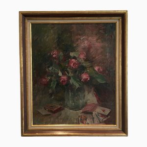 Henri Fehr, Nature morte au vase de roses et jeu de cartes, óleo sobre lienzo, años 20, Enmarcado