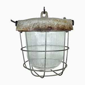 Lámpara colgante industrial en forma de jaula de hierro fundido, años 60