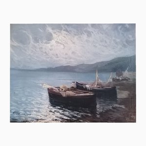 Arnaldo De Lisio, Bateaux de pêche sur une Côte Méditerranéenne, Oil on Canvas, Framed