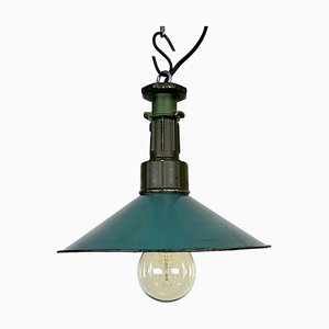 Industrial Green Enamel Pendant Lamp with Cast Aluminium Top, 1960s
