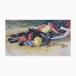 Clemente Tafuri, Nature morte aux moules, Huile sur Toile, Encadrée