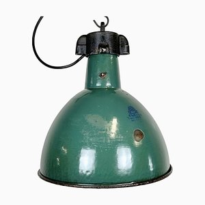 Industrial Green Enamel Factory Lamp with Cast Iron Top, 1960s