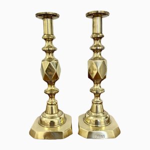 Large Antique Victorian Quality Brass King of Diamonds Candleholders, 1890s, Set of 2