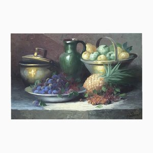 Georges Duval, Nature Morte aux Fruits et Pichet Vert, Olio su tela, con cornice