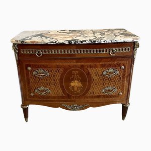 Victorian French Kingwood and Marquetry Inlaid Marble Top Commode Chest of Drawers, 1880s