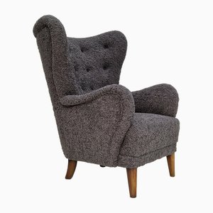Grauer Dänischer Sessel mit hoher Rückenlehne aus Lamskin-Imitat von Slagelse Møbelværk, 1960er