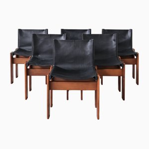 Mid-Century Monk Leather & Walnut Dining Chairs by Scarpa, Set of 6