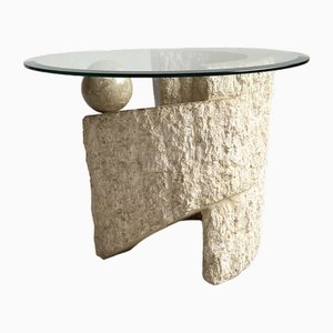 Postmodern Sculptural Natural Mactan Stone Side Table with Glass Top by Magnussen Ponte, 1980s