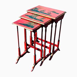 Red Lacquered & Japanned Nesting Tables, 1920s, Set of 3
