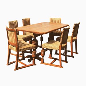 Vintage Table and Chairs in Oak, 1930s, Set of 7