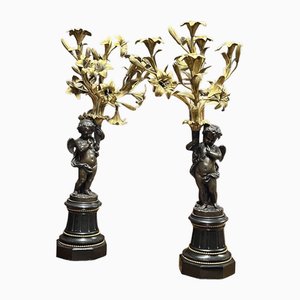 Antique Bronze & Ormolu Candleholders, Set of 2