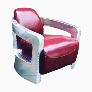 Aviators Armchair in Aluminium with Red Leather Upholstery