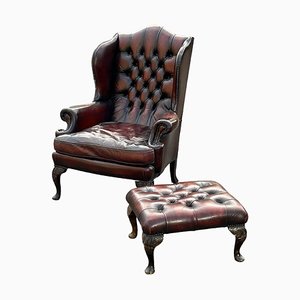 Burgundy Leather Armchair & Matching Stool in Deep Buttoned Leather, Set of 2