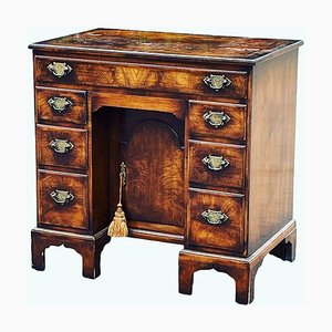 Burr Walnut Kneehole Desk on Bracket Feet with Brass Handles