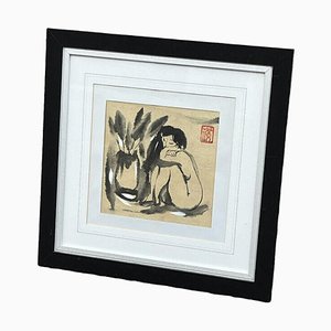 Japanese Artist, Brush Work Painting, Ink, Framed
